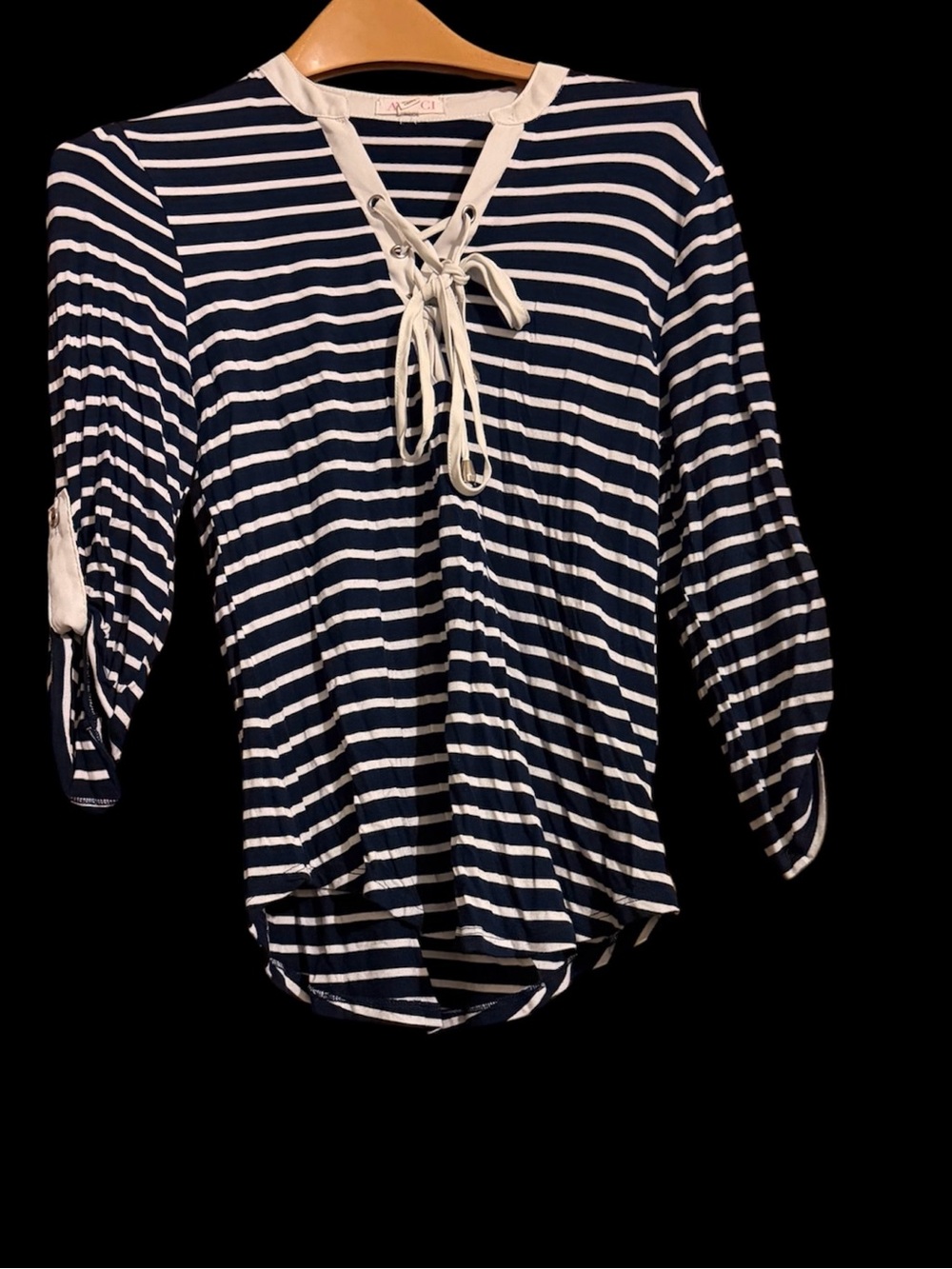 a'gaci Navy and White Striped Lace-Up Long Sleeve Top